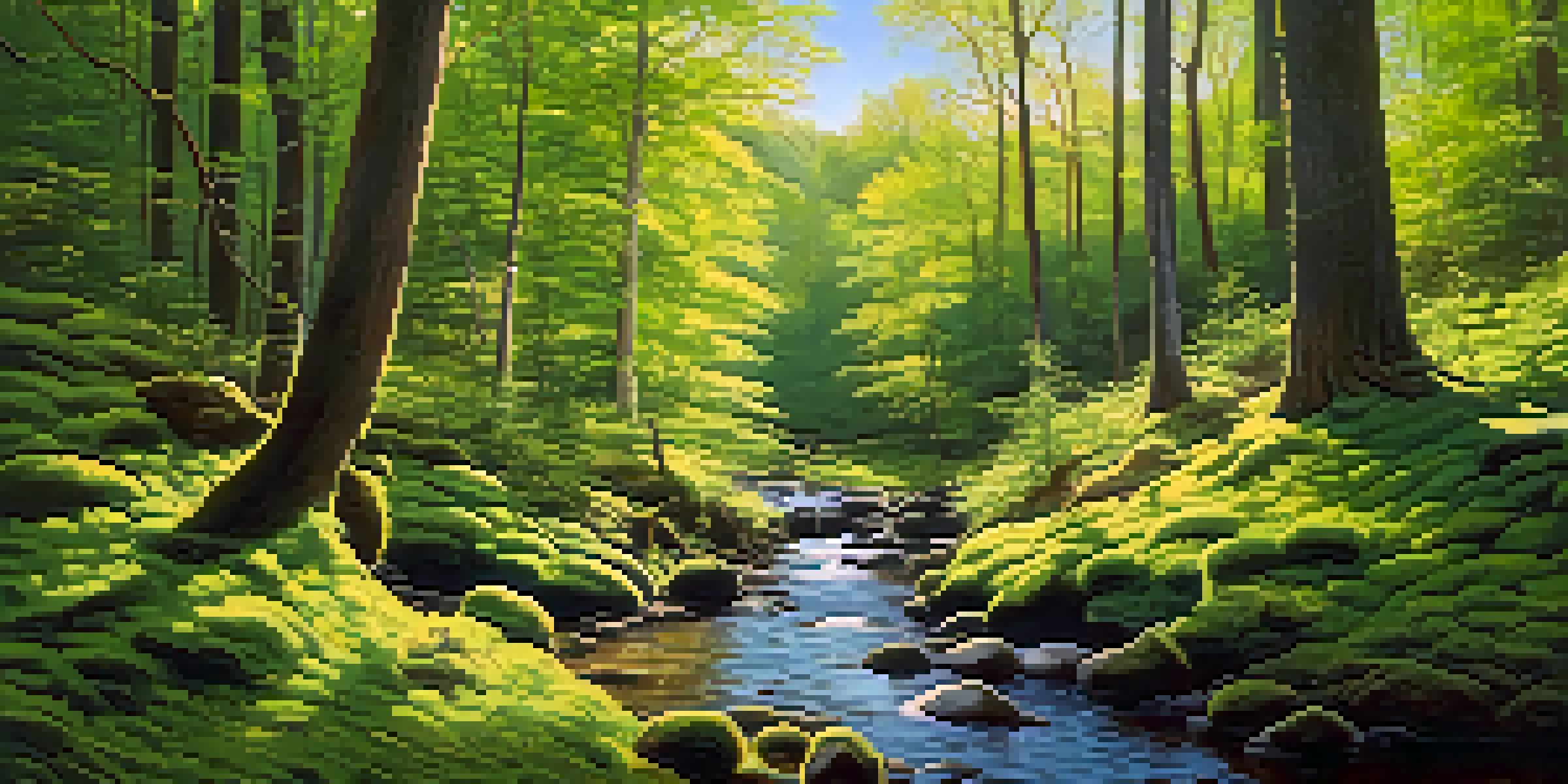 A peaceful forest scene with sunlight filtering through the trees and a small stream running through it.