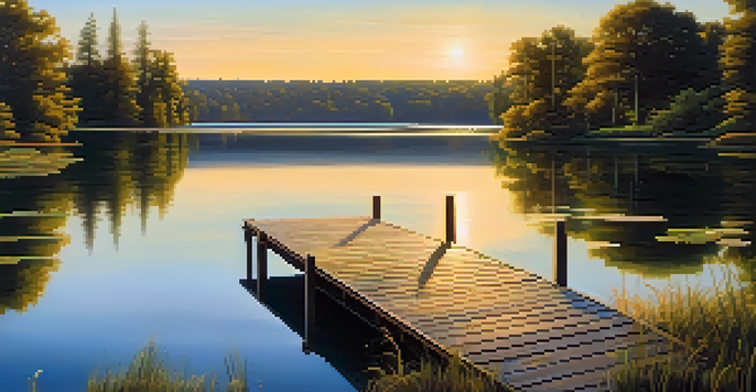A peaceful scene of a lake at sunset with trees and a wooden dock.