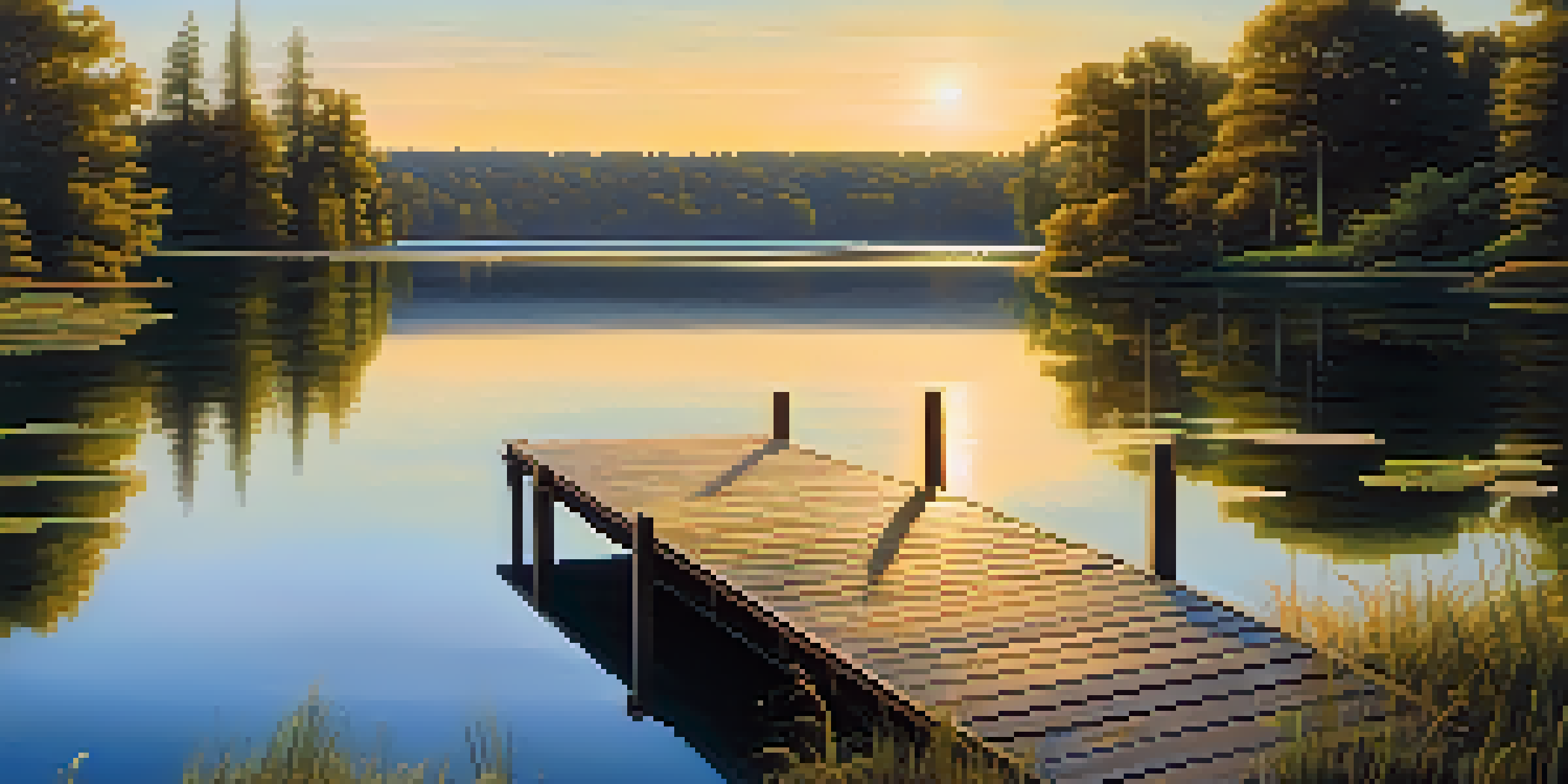 A peaceful scene of a lake at sunset with trees and a wooden dock.