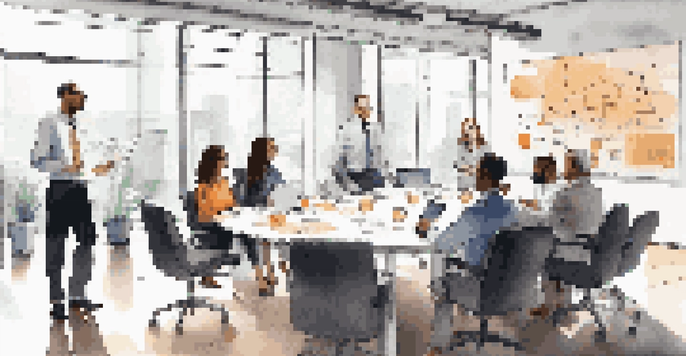 A diverse group of entrepreneurs in a modern office discussing startup strategies around a conference table.