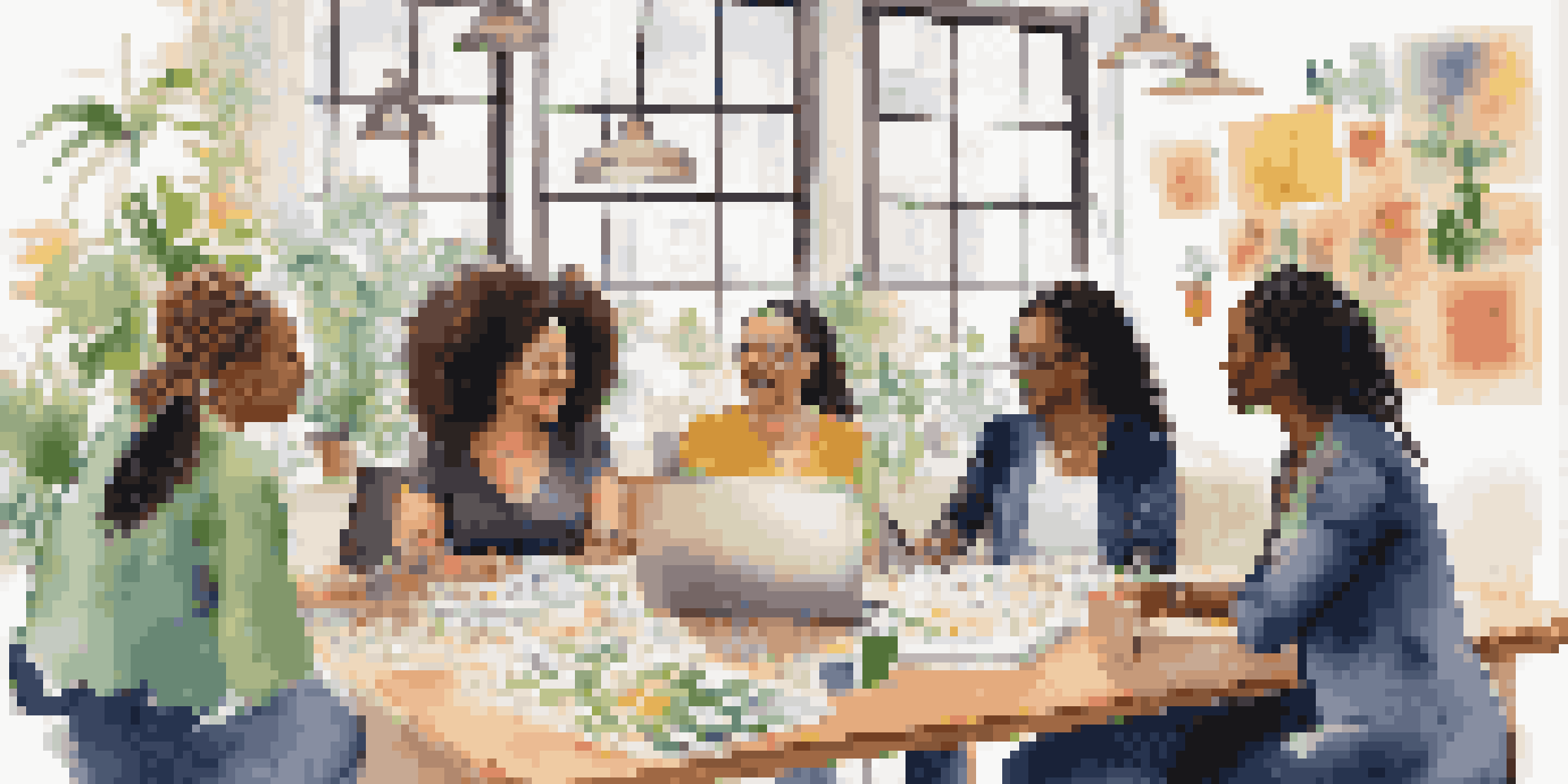 A group of diverse women entrepreneurs discussing their crowdfunding projects in a bright and vibrant workspace.