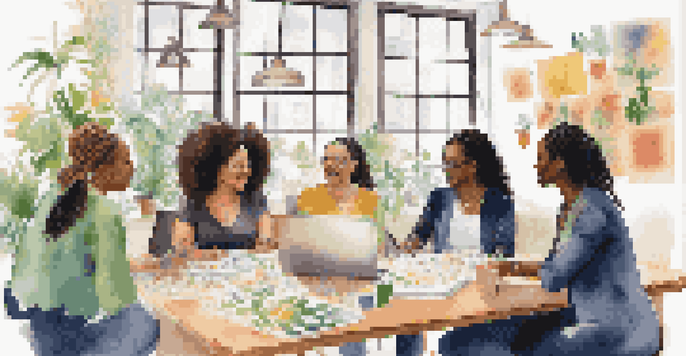 A group of diverse women entrepreneurs discussing their crowdfunding projects in a bright and vibrant workspace.