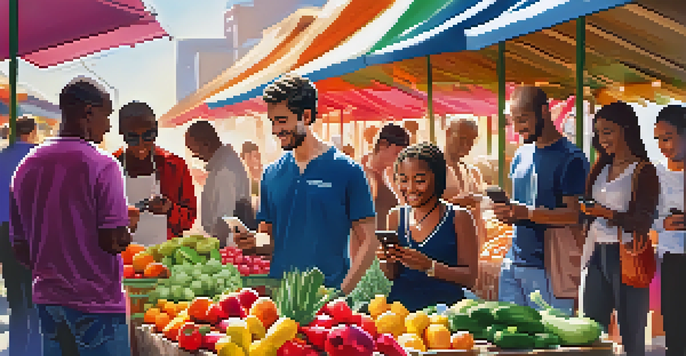 A diverse group of people using smartphones in an outdoor market, showcasing mobile banking and financial technology.