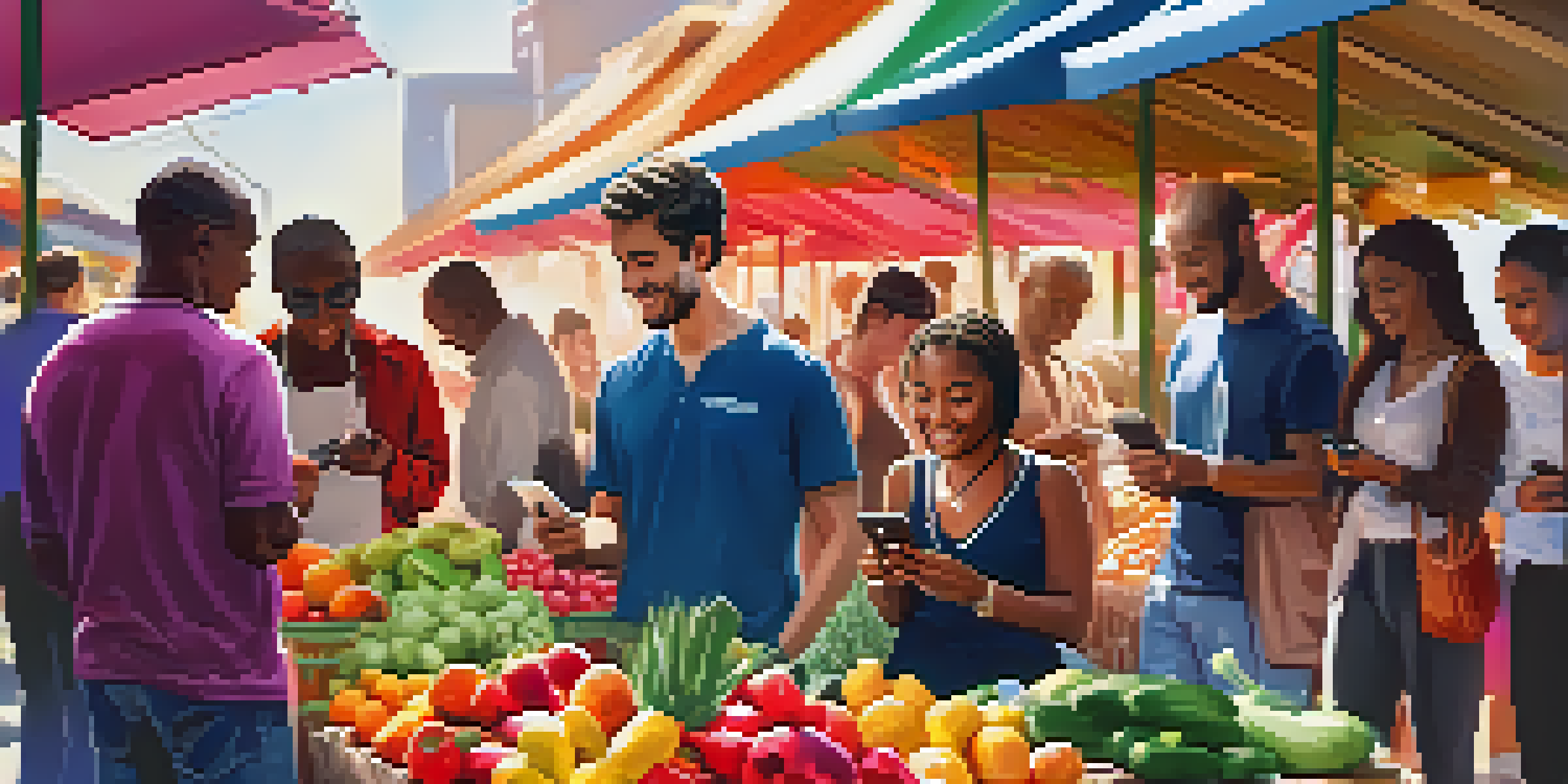 A diverse group of people using smartphones in an outdoor market, showcasing mobile banking and financial technology.