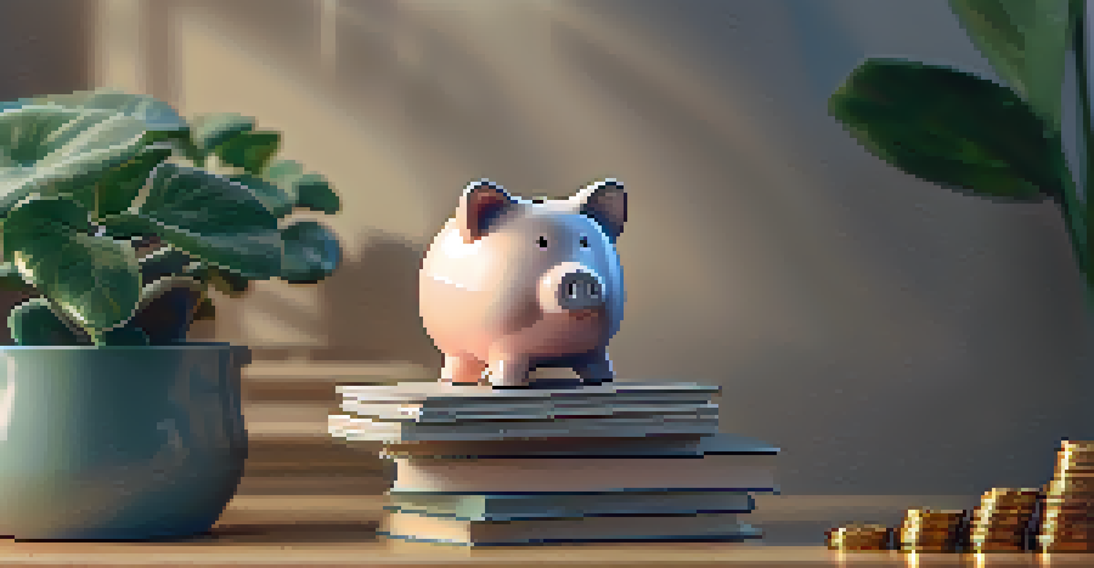 A piggy bank on a stack of coins in a cozy living room setting, with soft lighting and a houseplant in the background.