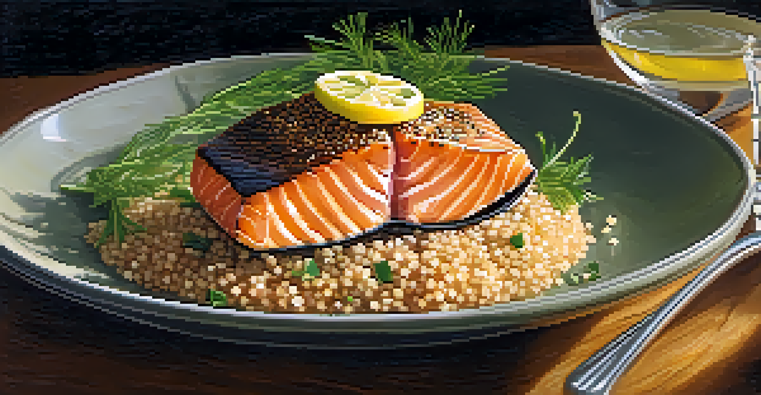 A beautifully plated gourmet meal with seared salmon, quinoa, herbs, and a lemon wedge, illuminated by candlelight.