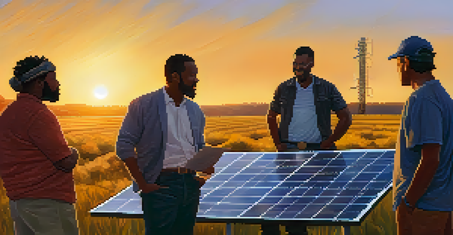 A group of diverse individuals discussing a community solar project at sunset.