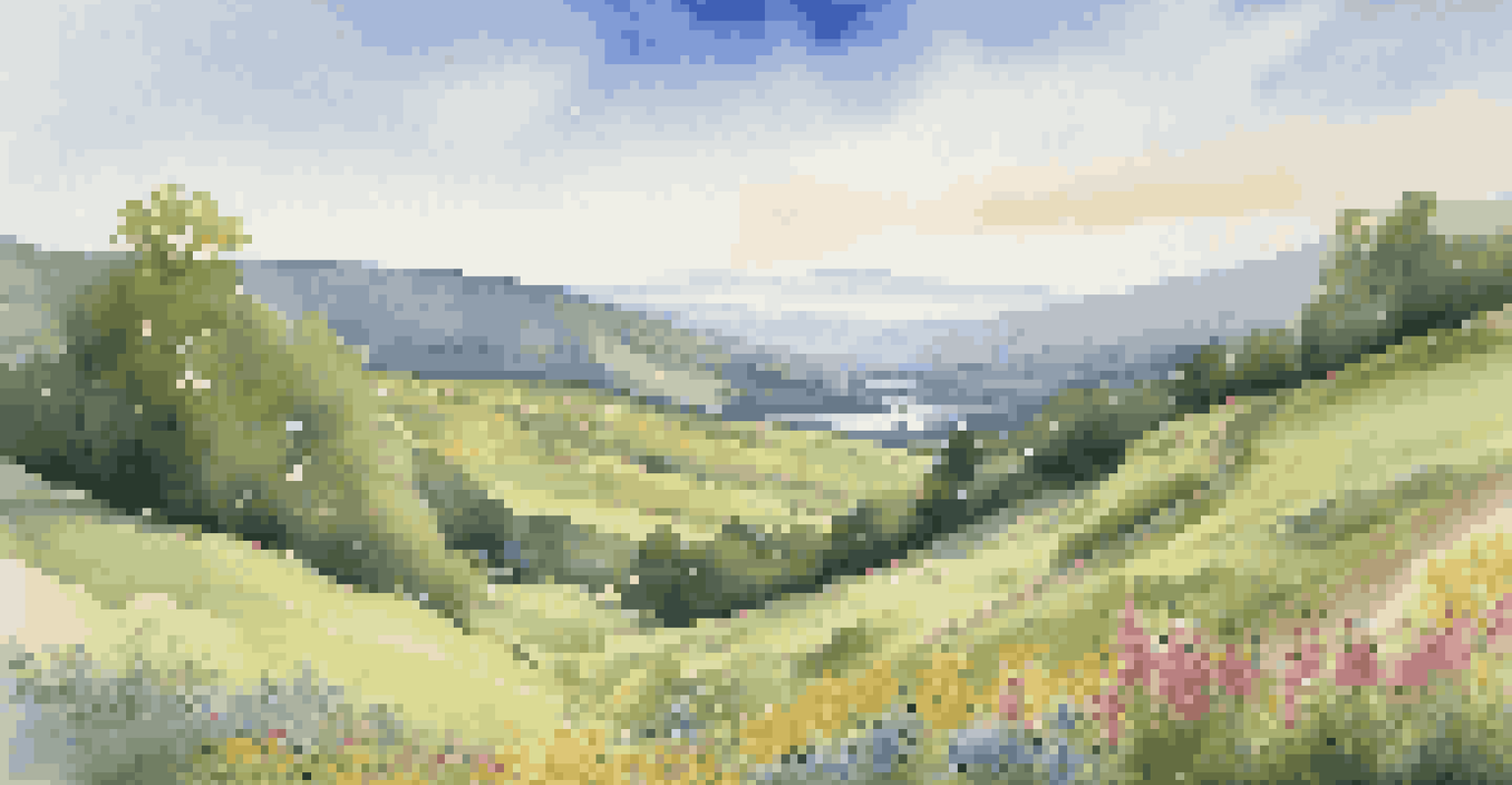 A peaceful green valley with hills, a winding river, colorful wildflowers in the foreground, and a clear blue sky.