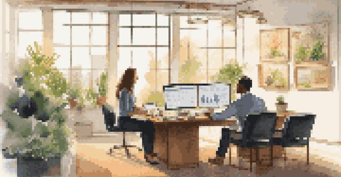 A financial advisor discussing market trends with a client in a bright office filled with plants.