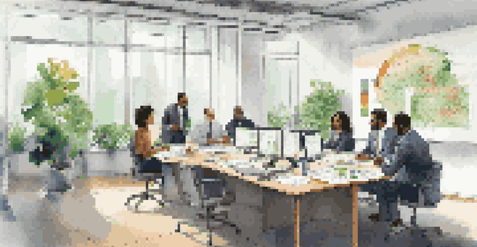 A diverse group of investors in a bright office setting discussing investment strategies around a large table, with charts and graphs on a screen.