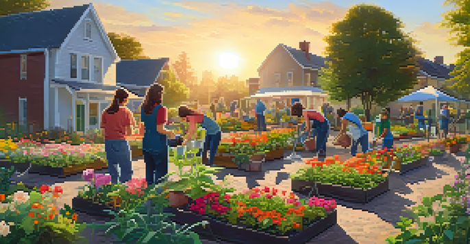 A community garden with volunteers planting seedlings under a golden sunset.