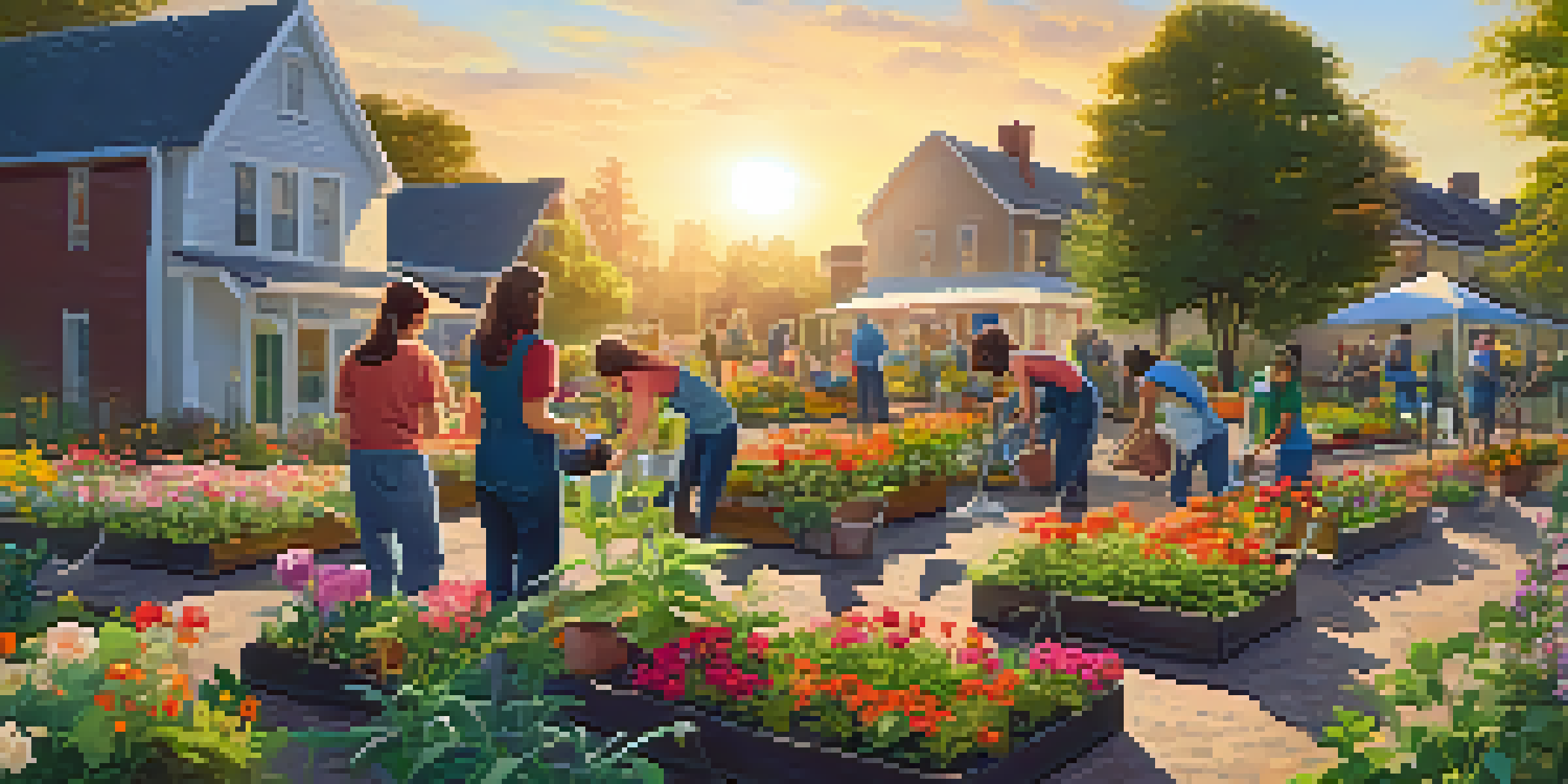 A community garden with volunteers planting seedlings under a golden sunset.