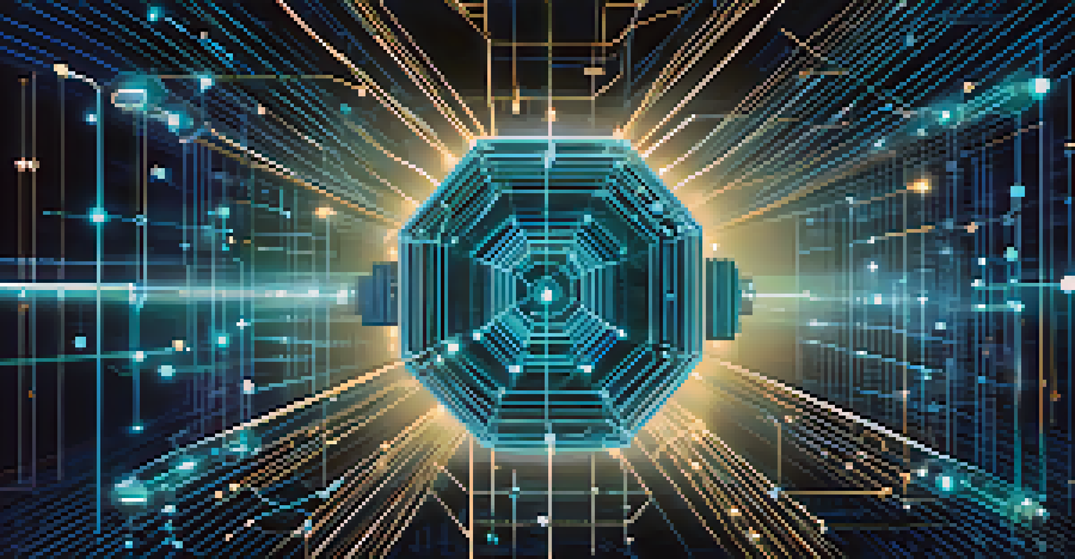 An abstract illustration of decentralized finance with glowing nodes and lines, a gradient background, and the text 'Decentralized Finance'.