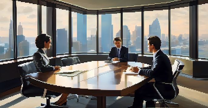 A professional negotiation scene with two business people discussing at a conference table in front of a city skyline.