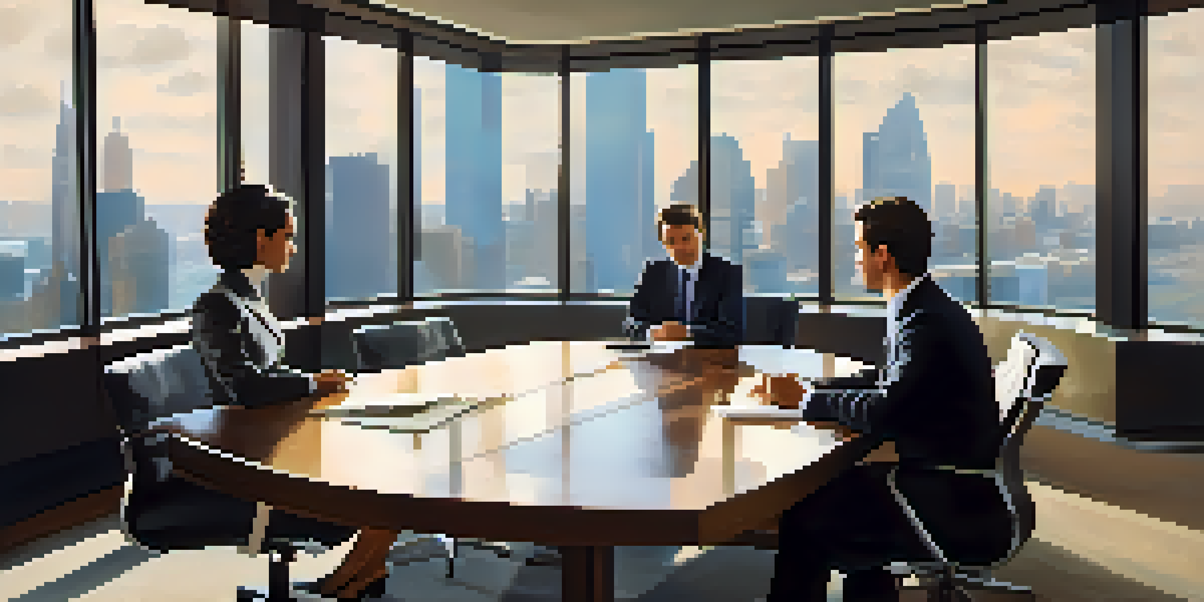 A professional negotiation scene with two business people discussing at a conference table in front of a city skyline.