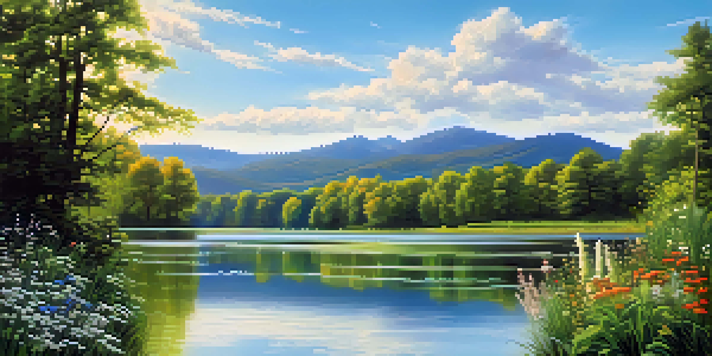 A tranquil lake scene surrounded by green trees, with sunlight reflecting on the water and colorful wildflowers in the foreground.