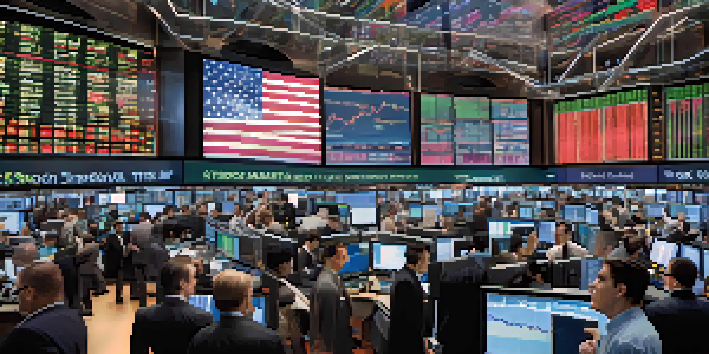 A busy stock market trading floor with traders analyzing screens, colorful charts, and a digital ticker tape displaying market prices.