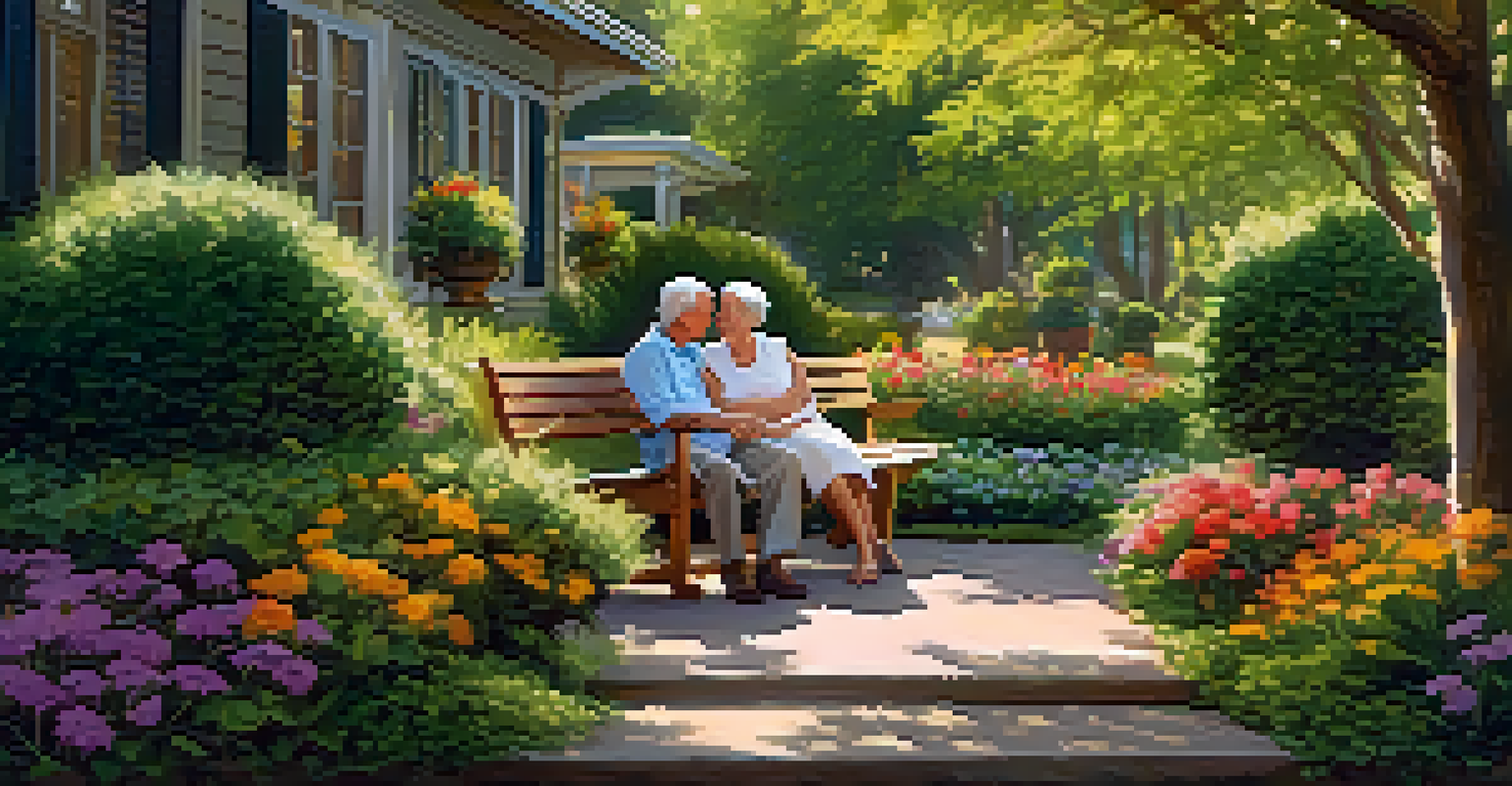 An elderly couple sitting on a bench in a colorful garden, surrounded by flowers and greenery, enjoying their retirement.