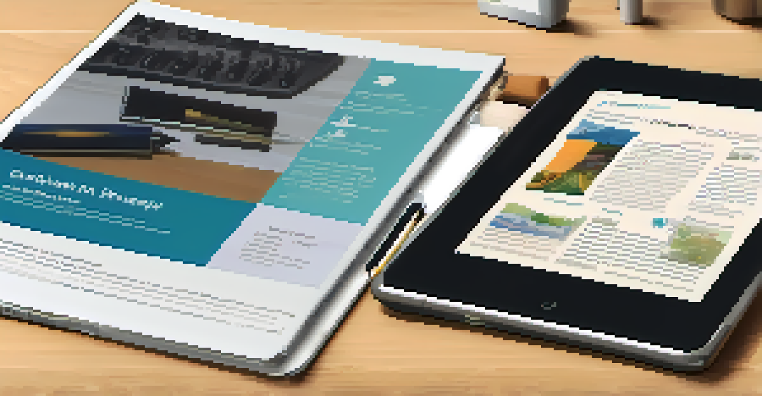 A flat lay of crowdfunding materials including a brochure, tablet, and pen on a light wooden surface.