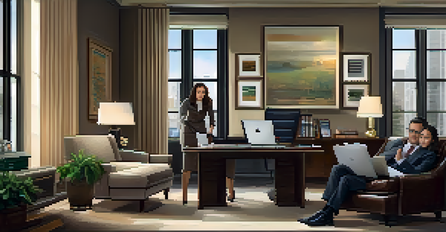 A financial advisor explaining stock options to a young couple in a modern office.