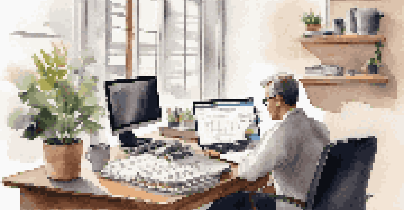 A modern desk with a person analyzing financial documents and a laptop showing a retirement calculator, with a notepad and coffee.