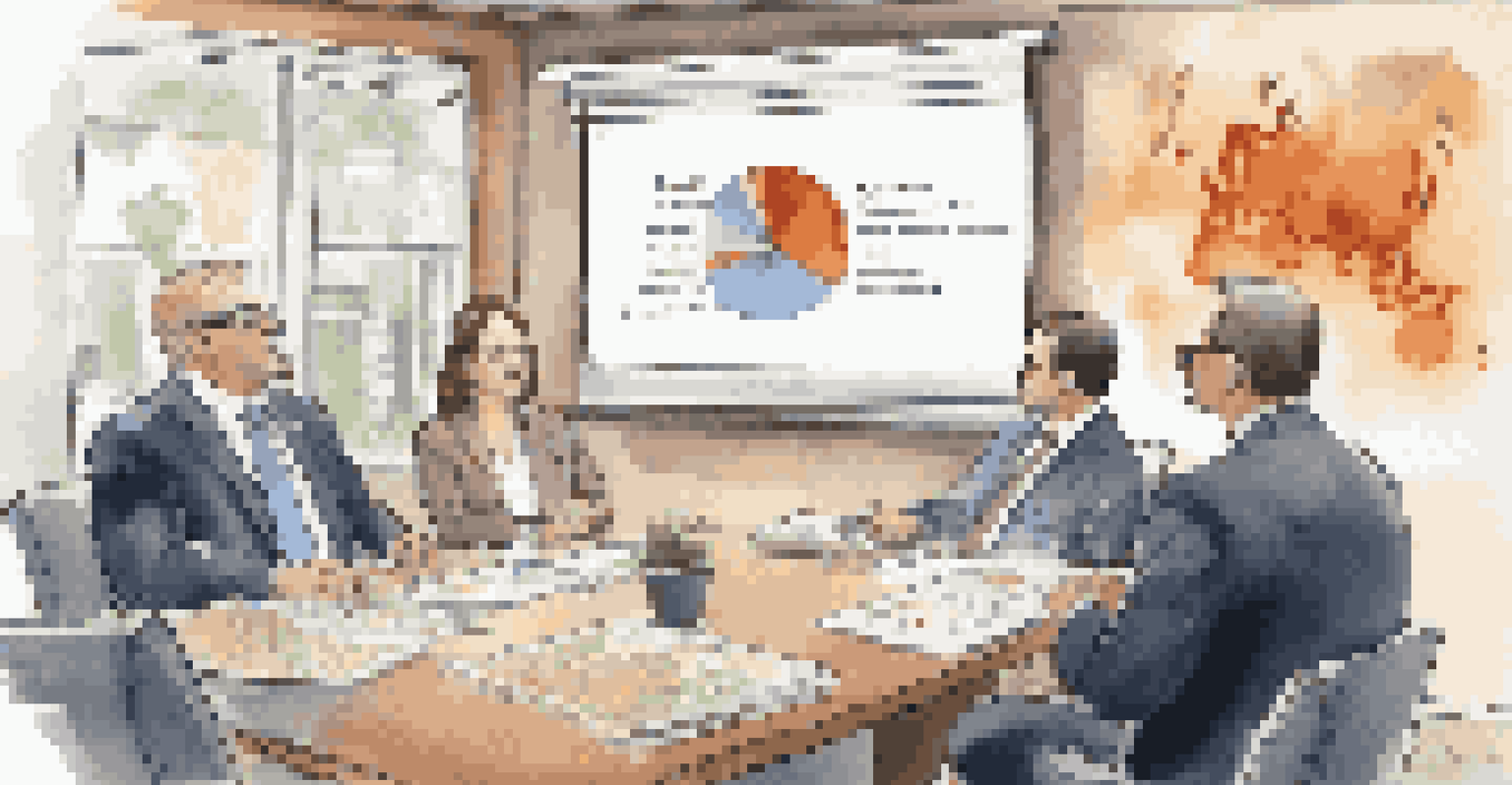 An engaging financial advisor presenting global market strategies to a small group of clients in a cozy meeting room.