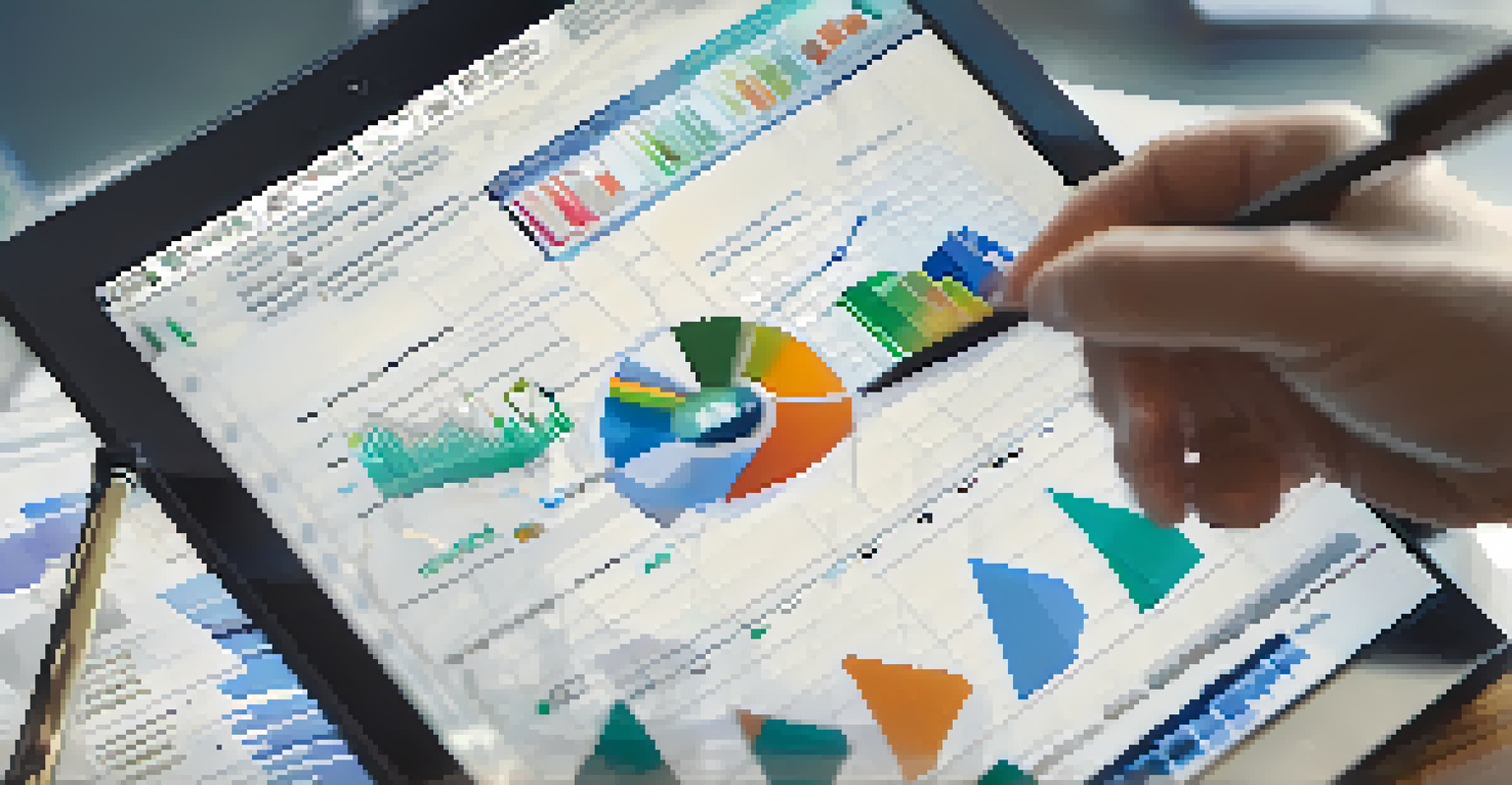 A close-up of a person using a tablet to analyze financial data, with charts and graphs visible on the screen in a modern office setting.
