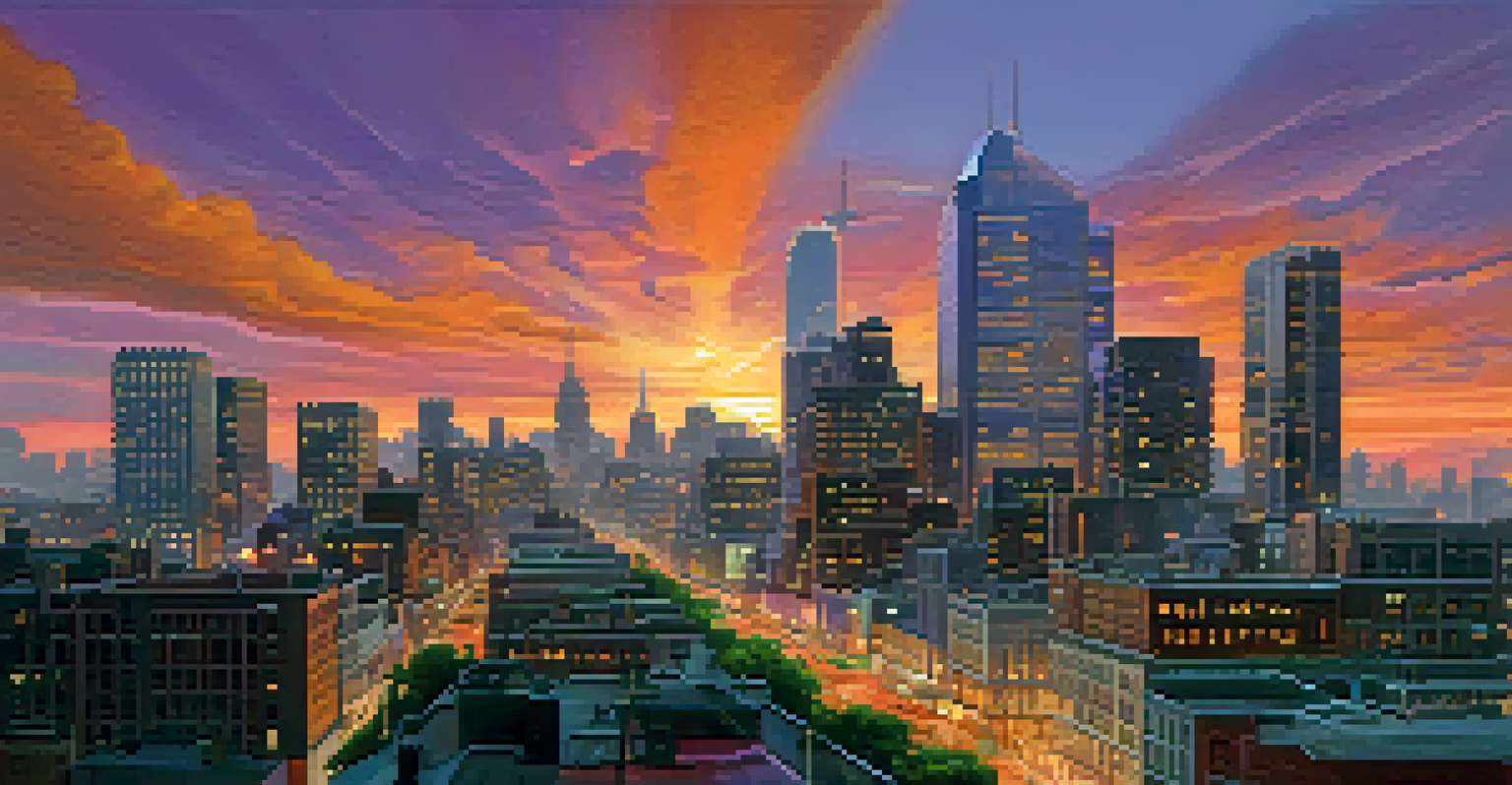 A city skyline at sunset with skyscrapers and bustling streets filled with people and cars.