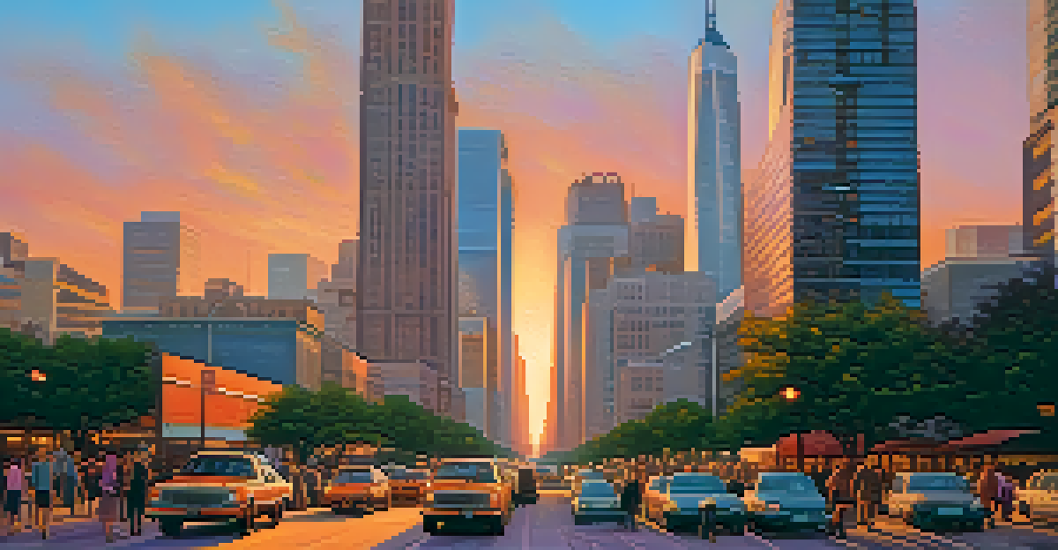A vibrant city scene at sunset with skyscrapers reflecting warm light, busy sidewalks, and colorful skies.