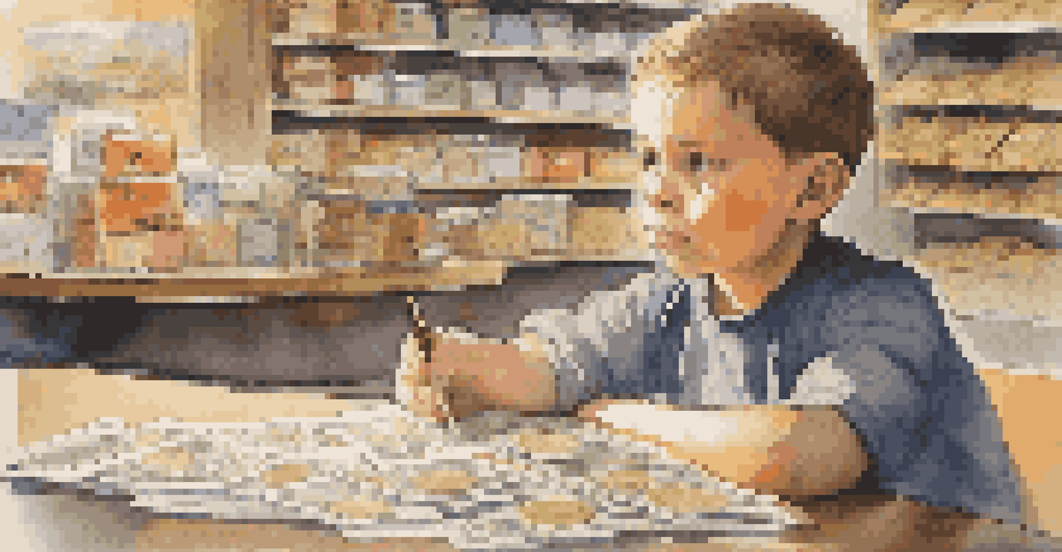 A child reflecting on a role-playing financial education activity, surrounded by play money and a notepad, showcasing a moment of contemplation.