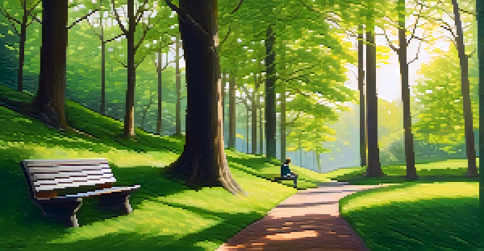 A person sitting on a bench in a green forest, surrounded by notebooks and a laptop, reflecting on their financial goals.