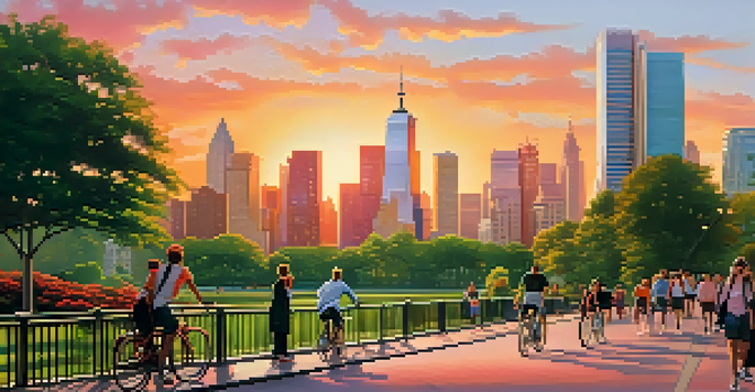 A vibrant city skyline at sunset with modern skyscrapers and green parks, featuring people walking and cycling.