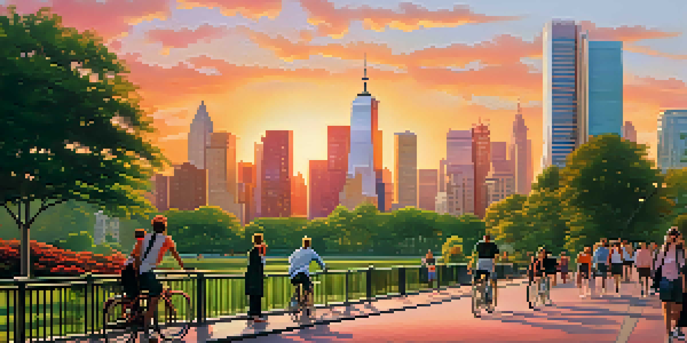 A vibrant city skyline at sunset with modern skyscrapers and green parks, featuring people walking and cycling.
