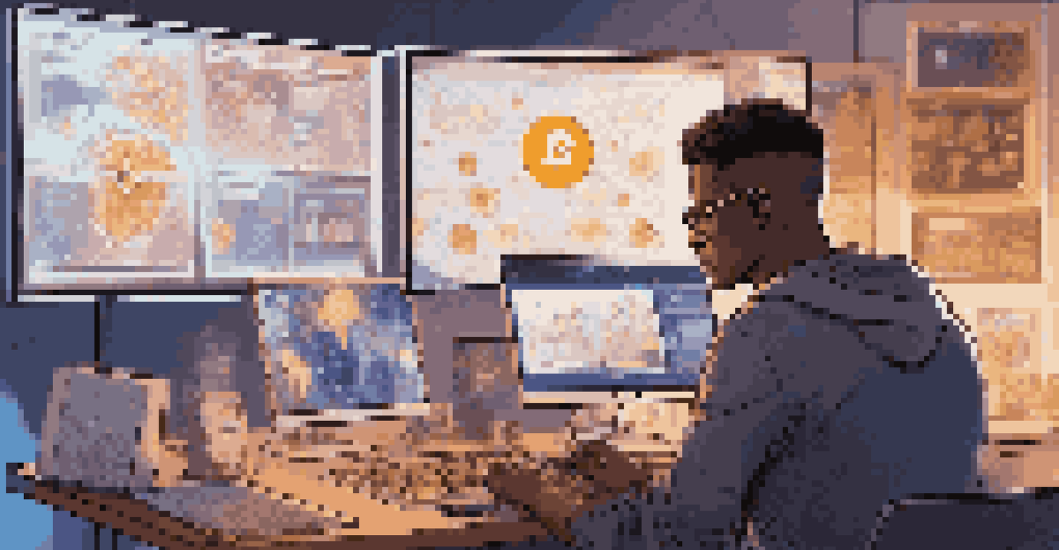 An influencer interacting with their audience in a modern workspace filled with cryptocurrency charts and social media screens.