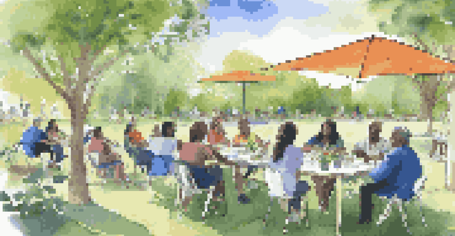 A lively outdoor community workshop on socially responsible investing, with diverse participants engaged in discussions among trees and flowers in a park.