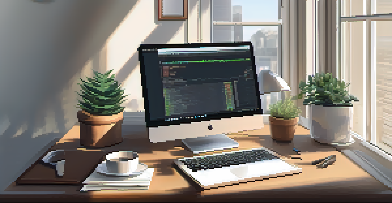 A peaceful workspace featuring a laptop with a stock trading platform, surrounded by a notepad and coffee.