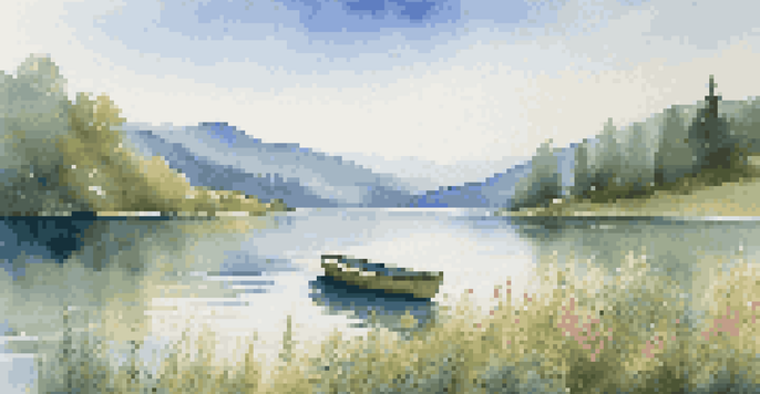 A peaceful lake surrounded by green mountains with a small boat floating on the water under a blue sky.