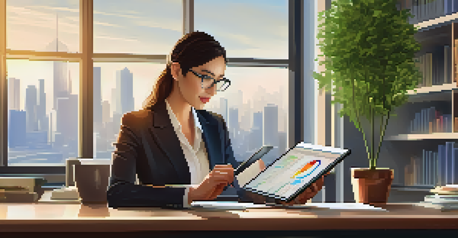 A businesswoman in an office analyzing financial data on a tablet, surrounded by books and a plant.