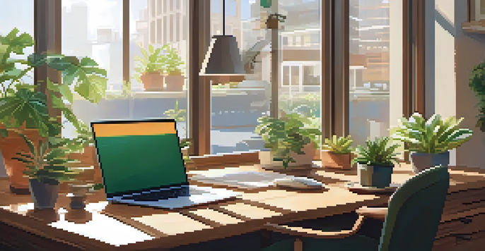 A modern office desk with a laptop displaying financial data, surrounded by plants and bathed in sunlight.