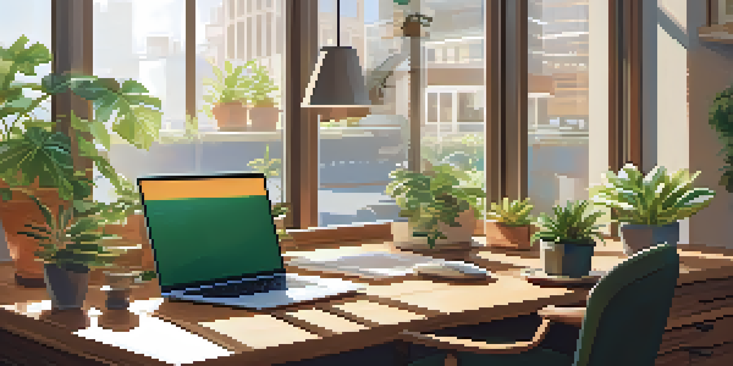 A modern office desk with a laptop displaying financial data, surrounded by plants and bathed in sunlight.