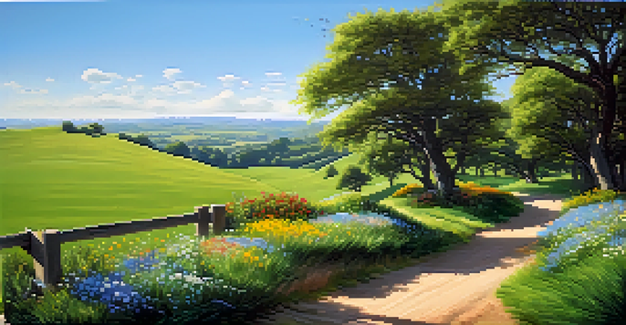 A peaceful landscape with rolling hills, wildflowers, and a wooden signpost indicating different investment options.