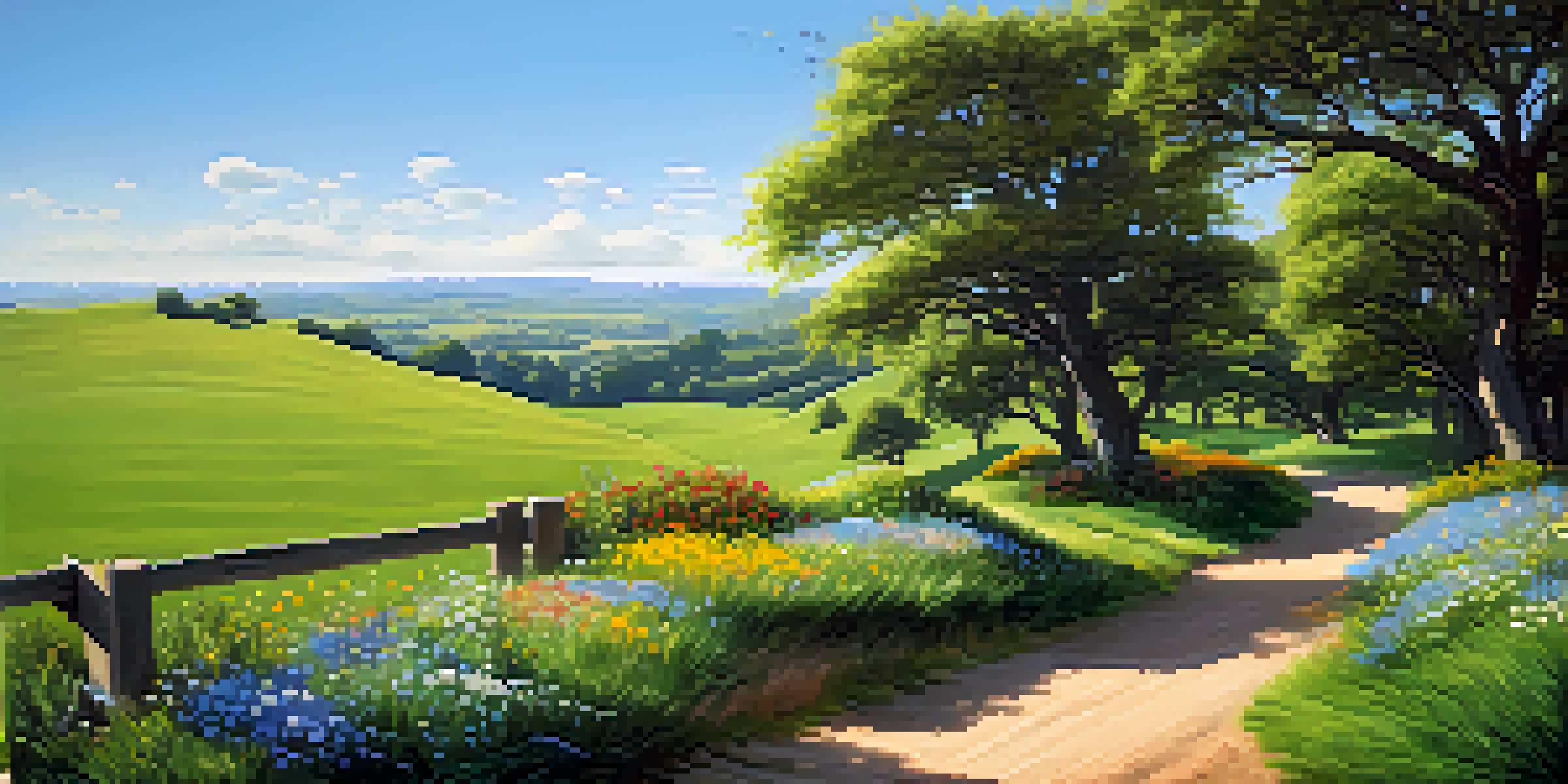 A peaceful landscape with rolling hills, wildflowers, and a wooden signpost indicating different investment options.