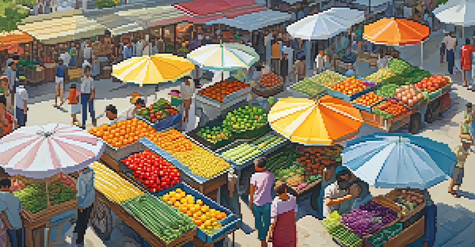 A busy city market with colorful stalls and people shopping.
