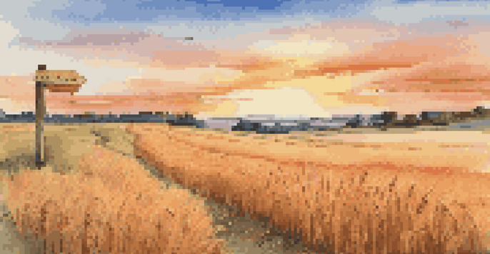 A golden wheat field with a sunset in the background and a wooden signpost indicating investment options like commodities, real estate, and stocks.