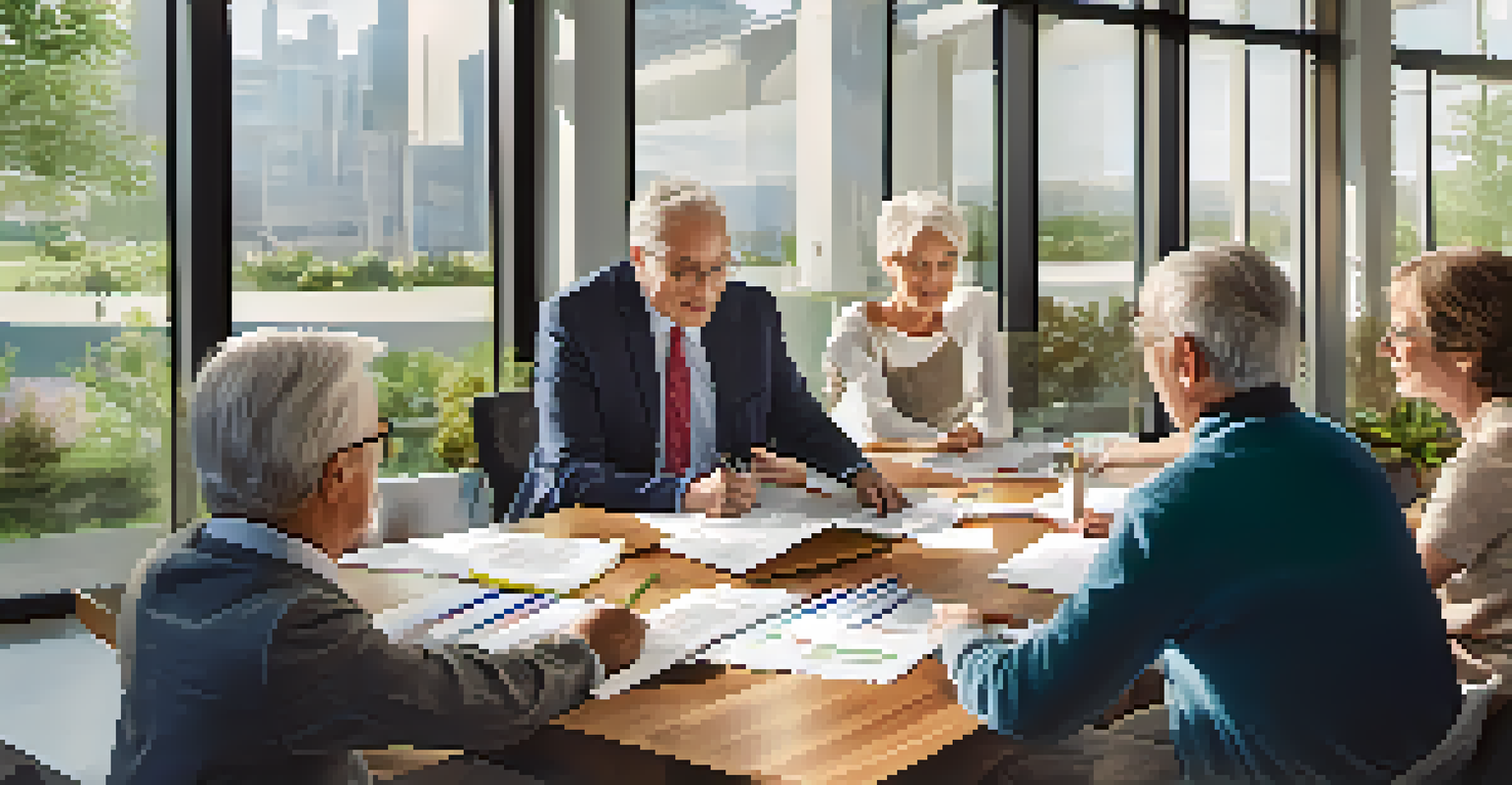A diverse group of individuals discussing retirement strategies around a table in a bright office setting.
