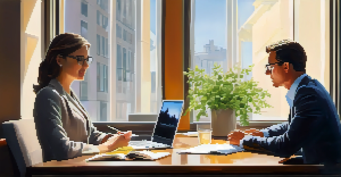 A financial advisor and a client in a bright office discussing investment strategies. The advisor is a middle-aged woman, and the client is a young man taking notes.