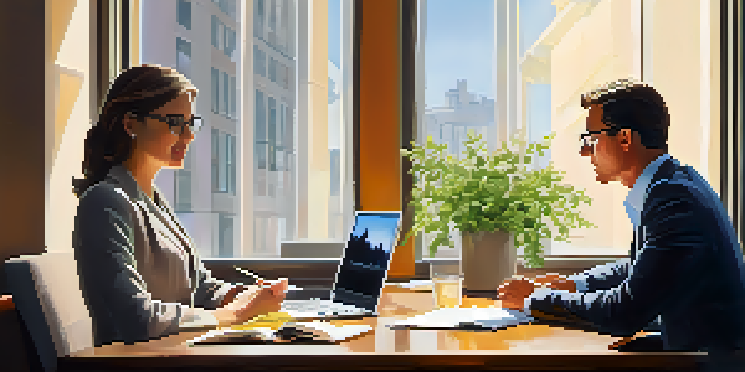 A financial advisor and a client in a bright office discussing investment strategies. The advisor is a middle-aged woman, and the client is a young man taking notes.