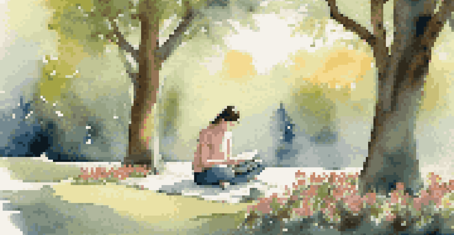 A person journaling in a park, surrounded by nature, practicing mindfulness.