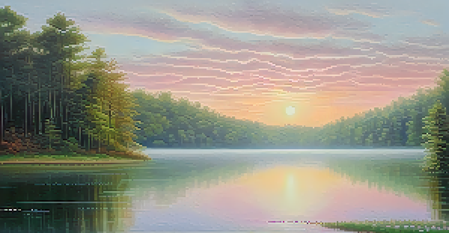 A peaceful lake scene at sunrise, with soft colors reflecting on the water and mist hovering above.