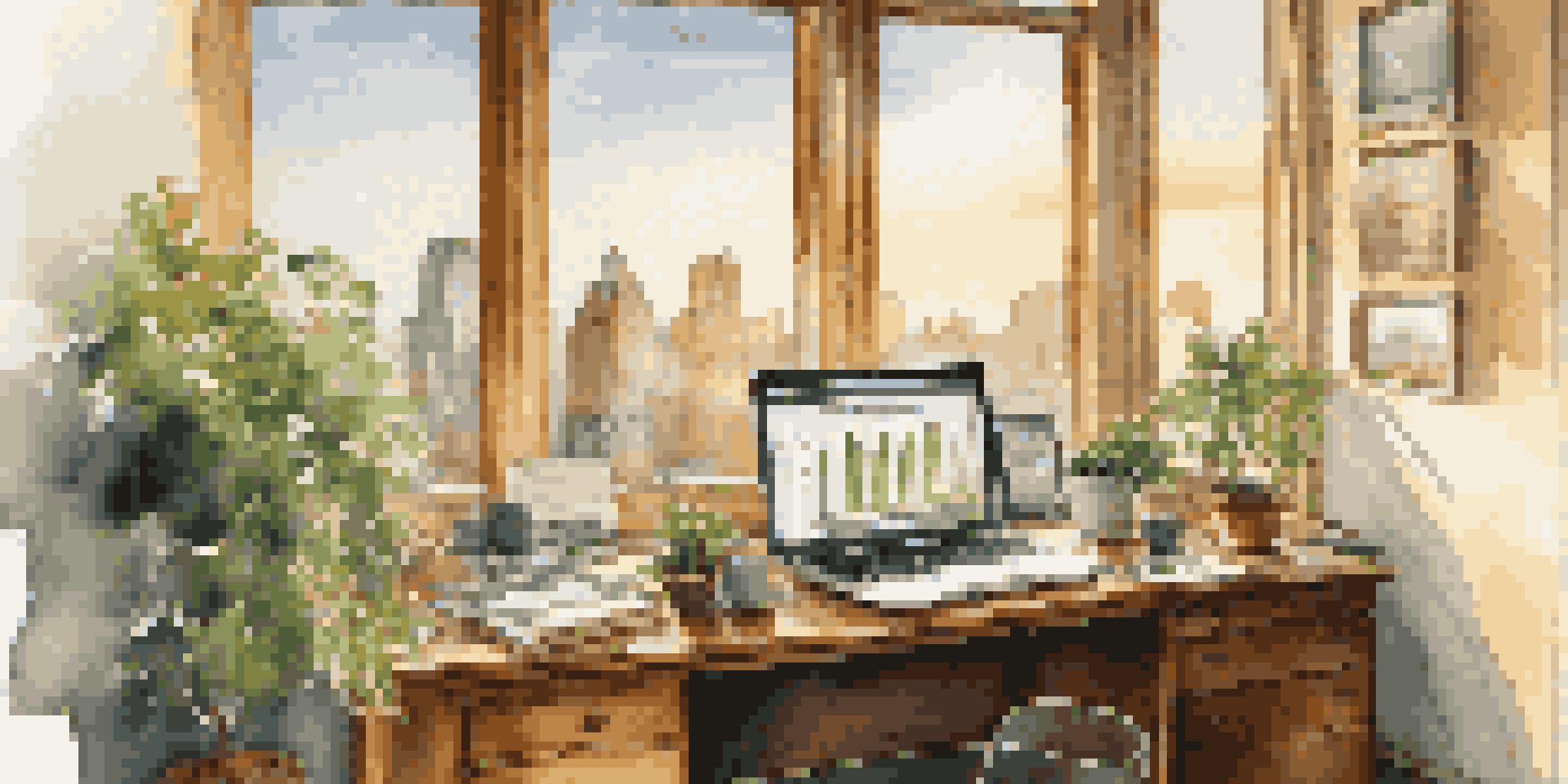 An office with a large window showing a busy city, sunlight highlighting a desk with reports and a laptop.